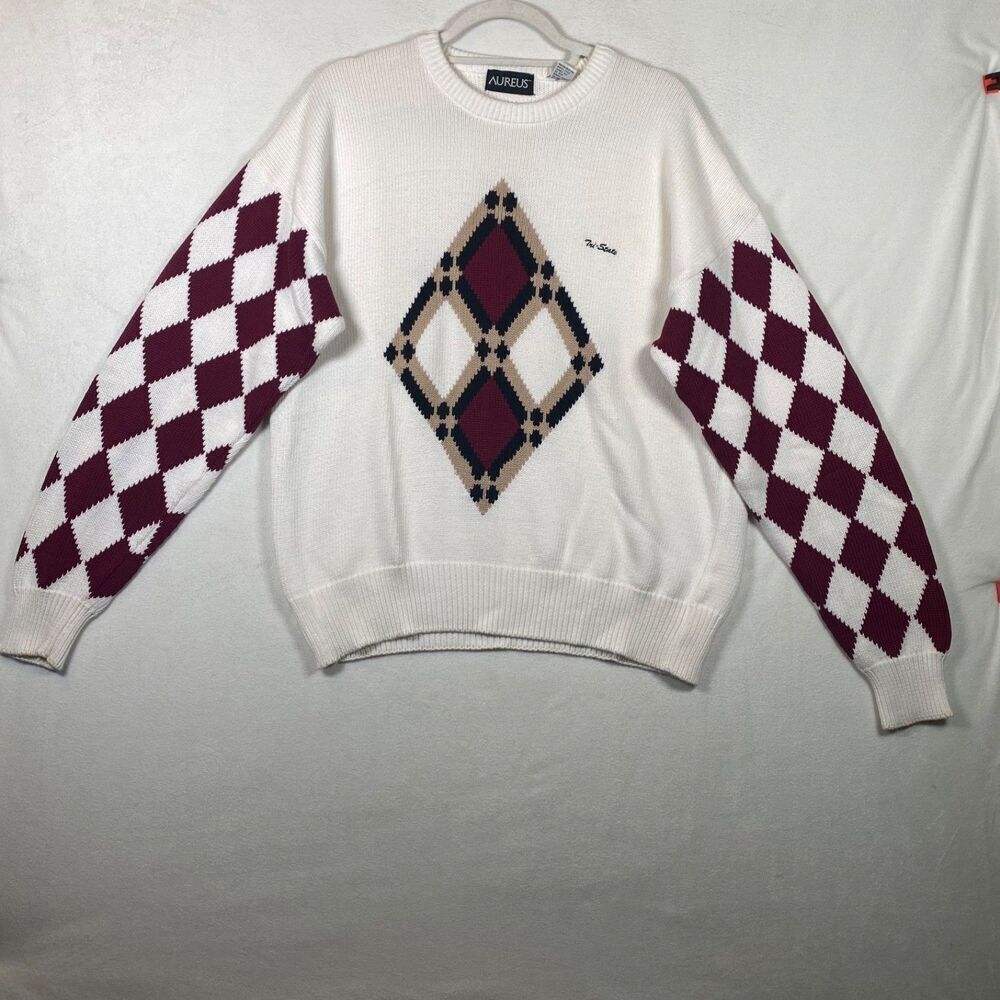 Vintage Aureus 100% Cotton Argyle Sweater Size L White Burgundy Tan Diamond Knit